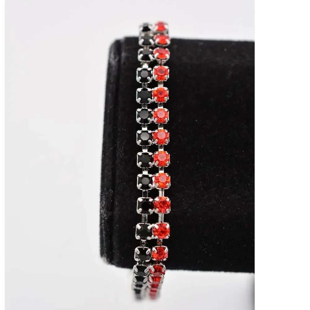 Vintage Crystal Bracelet Prong Rhinestone Orange Black Silver Tone 1980s Bin6